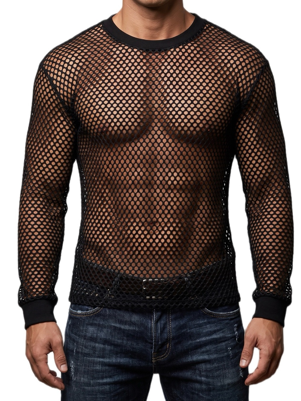 Shein Shirt Sheer Mesh Black Large Long Sleeves Circuit Party Revealing Stretch